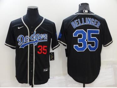 Men's Los Angeles Dodgers #35 Cody Bellinger Black Blue Name Stitched MLB Cool Base Nike Jersey
