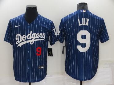 Men's Los Angeles Dodgers #9 Gavin Lux Navy Blue Pinstripe Stitched MLB Cool Base Nike Jersey