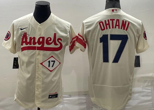 Men's Los Angeles Angels #17 Shohei Ohtani Number Cream 2022 City Connect Flex Base Stitched Jersey