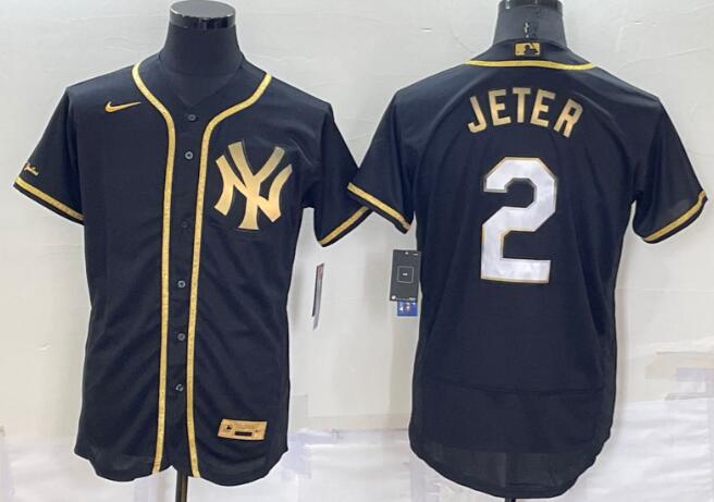 Men's New York Yankees #2 Derek Jeter Black Gold  Stitched Baseball Jersey