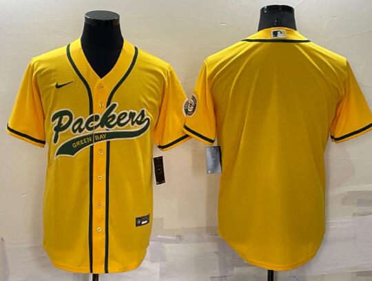 Men's Green Bay Packers Blank Yellow Stitched MLB Cool Base Nike Baseball Jersey