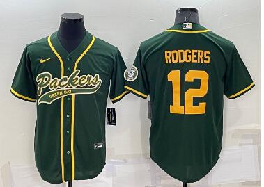 Men's Green Bay Packers #12 Aaron Rodgers Green Yellow Stitched MLB Cool Base Nike Baseball Jersey