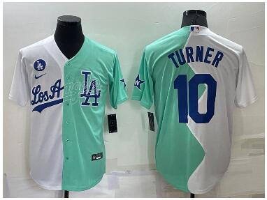 Men's Los Angeles Dodgers #10 Justin Turner White Green Two Tone 2022 Celebrity Softball Game Cool Base Jersey