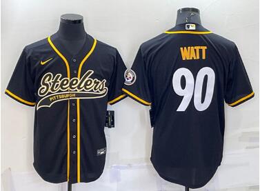 Men's Pittsburgh Steelers #90 T.J. Watt Black With Patch Cool Base Stitched Baseball Jersey