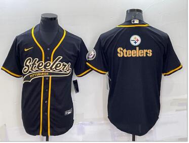 Men's Pittsburgh Steelers Black Team Big Logo With Patch Cool Base Stitched Baseball Jersey