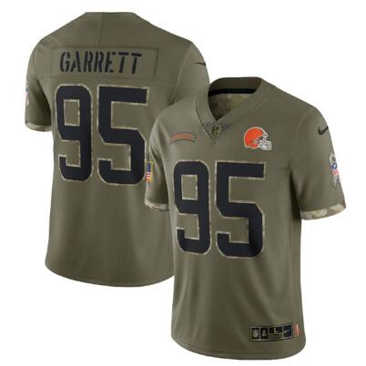 Men's Cleveland Browns #95 Myles Garrett 2022 Olive Salute To Service Limited Stitched Jersey