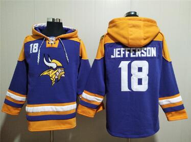 Men's Minnesota Vikings #18 Justin Jefferson Purple Yellow Ageless Must-Have Lace-Up Pullover Hoodie