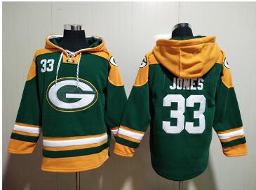 Men's Green Bay Packers #33 Aaron Jones Green Lace-Up Pullover Hoodie
