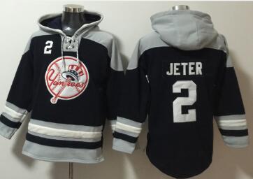 Men's New York Yankees #2 Derek Jeter Navy Blue Ageless Must Have Lace Up Pullover Hoodie