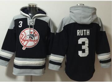 Men's New York Yankees #3 Babe Ruth Navy Blue Ageless Must Have Lace Up Pullover Hoodie