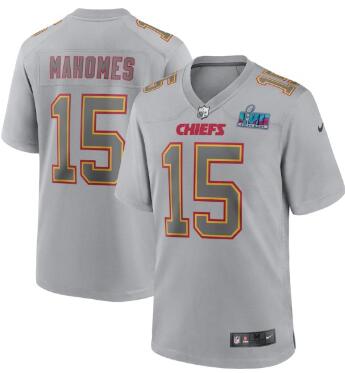 Men's Kansas City Chiefs #15 Patrick Mahomes Gray Super Bowl LVII Patch Atmosphere Fashion Stitched Game Jersey