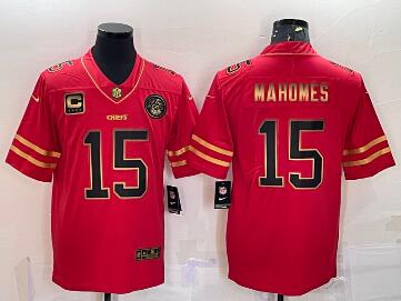 Men's Kansas City Chiefs #15 Patrick Mahomes Red Gold With C Patch Stitched Football Jersey