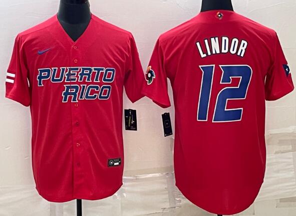 Men's Lindor Puerto Rico Baseball 2023 World Baseball stitched Jersey - red