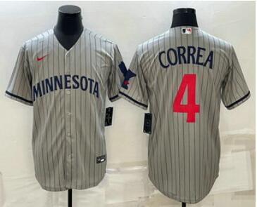 Men's Minnesota Twins #4 Carlos Correa 2023 Grey Home Team Cool Base Stitched Jersey