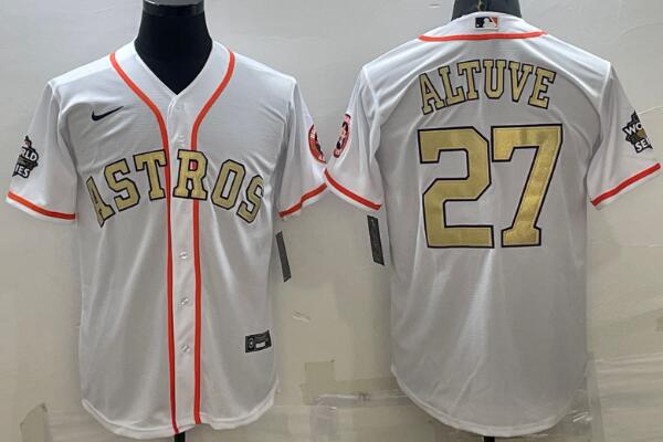Men's Houston Astros #27 Jose Altuve White Gold  Stitched Cool Base Nike Jersey