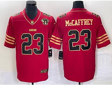 Men's San Francisco 49ers #23 Christian McCaffrey Red 75th Patch Golden Edition Stitched Nike Limited Jersey