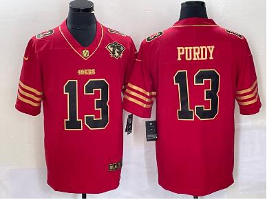 Men's San Francisco 49ers #13 Brock Purdy Red 75th Patch Golden Edition Stitched Nike Limited Jersey