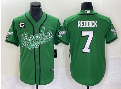 Men's Philadelphia Eagles #7 Haason Reddick Green C Patch Cool Base Stitched Baseball Jersey