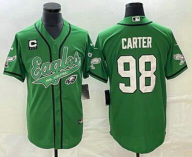 Men's Philadelphia Eagles #98 Jalen Carter Green C Patch Cool Base Stitched Baseball Jersey