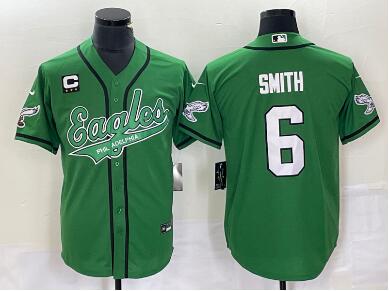 Men's Philadelphia Eagles #6 DeVonta Smith Green C Patch Cool Base Stitched Baseball Jersey
