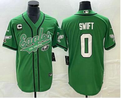 Men's Philadelphia Eagles #0 DAndre Swift Green C Patch Cool Base Stitched Baseball Jersey