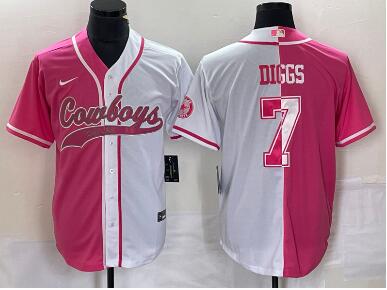 Men's Dallas Cowboys #7 Trevon Diggs Pink White Two Tone With Patch Cool Base Stitched Baseball Jersey