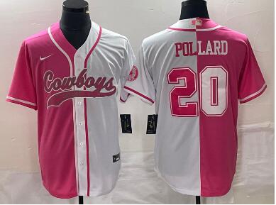 Men's Dallas Cowboys #20 Tony Pollard Pink White Split Cool Base Stitched Baseball Jersey