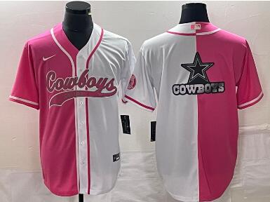 Men's Dallas Cowboys Pink White Split Team Big Logo Cool Base Stitched Baseball Jersey