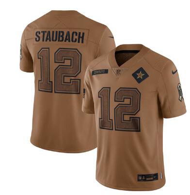 Men's Dallas Cowboys #12 Roger Staubach 2023 Brown Salute To Service Limited Football Stitched Jersey