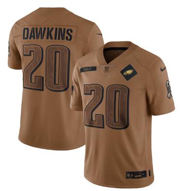 Men's Philadelphia Eagles #20 Brian Dawkins 2023 Brown Salute To Service Limited Football Stitched Jersey