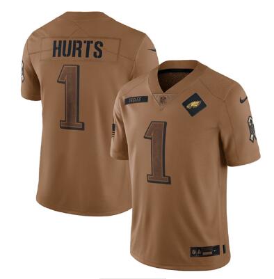 Men's Philadelphia Eagles #1 Jalen Hurts 2023 Brown Salute To Service Limited Football Stitched Jersey