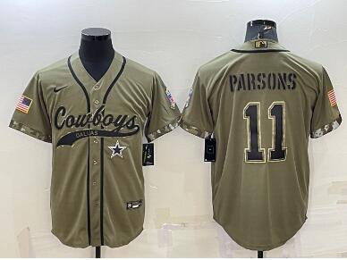 Men's Dallas Cowboys #11 Micah Parsons 2022 Olive Salute to Service Cool Base Stitched Baseball Jersey