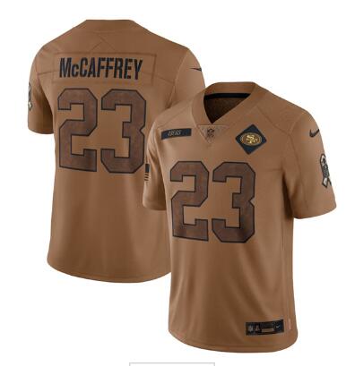 Men's San Francisco 49ers #23 Christian McCaffrey 2023 Brown Salute To Service Limited Football Stitched Jersey