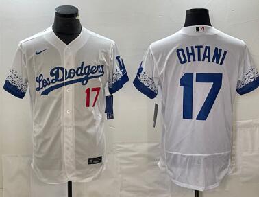 Men's Los Angeles Dodgers #17 Shohei Ohtani White City Connect Flex Base With Patch Stitched Baseball Jersey