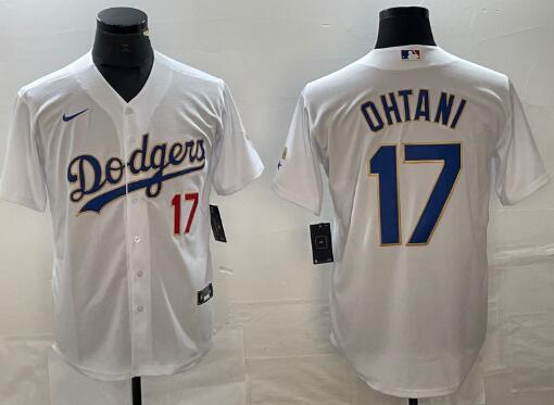 Men's Los Angeles Dodgers #17 Shohei Ohtani White Gold Cool Base With Patch Stitched Baseball Jersey
