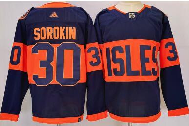 Men's New York Islanders #30 Ilya Sorokin Navy 2024 With Stadium Series Patch Stitched Jersey