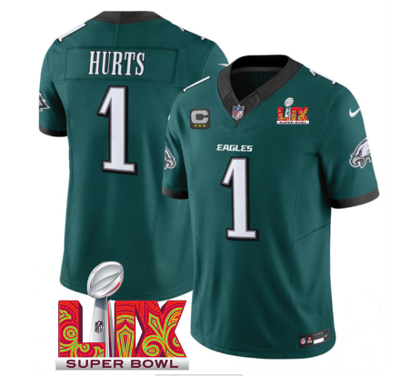 Men's Philadelphia Eagles #1 Jalen Hurts Green 2025 Super Bowl LIX Patch With 3-Star C Patch New F.U.S.E. Vapor Untouchable Limited Stitched Football Jersey