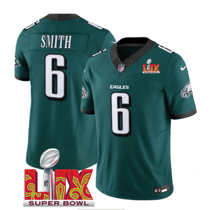 Men's Philadelphia Eagles #6 DeVonta Smith  2025 Super Bowl LIX Patch New F.U.S.E. Vapor Limited Stitched Football Jersey