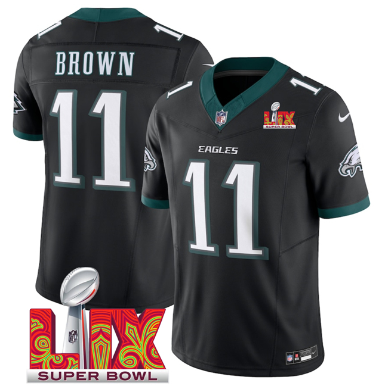 Men's Philadelphia Eagles #11 A.J. Brown  2025 Super Bowl LIX Patch New F.U.S.E. Vapor Untouchable Limited Stitched Football Jersey