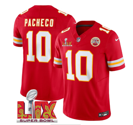 Men's Kansas City Chiefs #10 Isiah Pacheco  2025 Super Bowl LIX Patch F.U.S.E. Vapor Limited Stitched Football Jersey