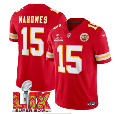 Men's Kansas City Chiefs #15 Patrick Mahomes Red 2025 Super Bowl LIX Patch F.U.S.E. Vapor Limited Stitched Football Jersey