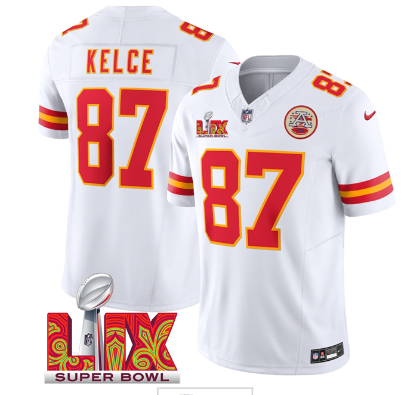 Men's Kansas City Chiefs #87 Travis Kelce White 2025 Super Bowl LIX Patch F.U.S.E. Vapor Limited Stitched Football Jersey