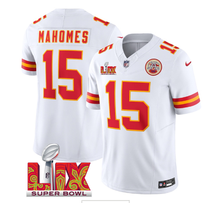 Men's Kansas City Chiefs #15 Patrick Mahomes white 2025 Super Bowl LIX Patch F.U.S.E. Vapor Limited Stitched Football Jersey
