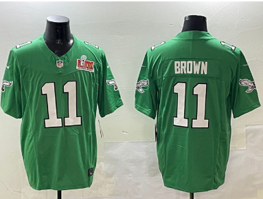 Men's Philadelphia Eagles #11 A.J. Brown Green 2025 Super Bowl LIX Patch F.U.S.E. Throwback Vapor Untouchable Limited Stitched Football Jersey