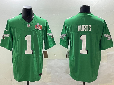Men's Philadelphia Eagles #1 Jalen Hurts Green 2025 Super Bowl LIX Patch F.U.S.E. Throwback Vapor Untouchable Limited Stitched Football Jersey