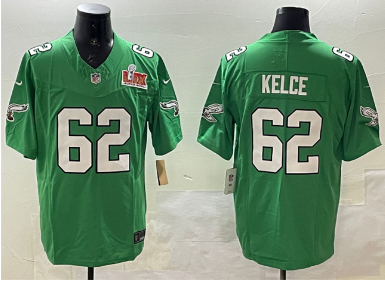 Men's Philadelphia Eagles #62 Jason Kelce Green 2025 Super Bowl LIX Patch F.U.S.E. Throwback Vapor Untouchable Limited Stitched Football Jersey