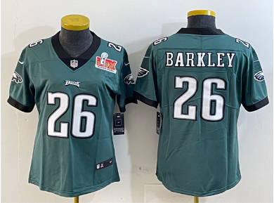 Women's Philadelphia Eagles #26 Saquon Barkley Green 2025 Super Bowl LIX Patch Vapor Untouchable Limited Stitched Football Jersey(Run Small)
