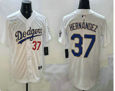 Men's Los Angeles Dodgers #37 Teoscar Hernandez Number White Gold Cool Base Stitched Jersey