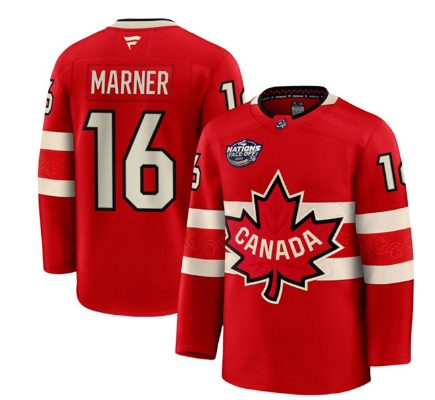 Men's Canada #16 Mitchell Marner Red 2025 4 Nations Face-Off Premium Stitched Jersey