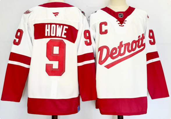Men's Detroit Red Wings #9 Gordie Howe White Red 2024-25 With C Patch Stitched Jersey